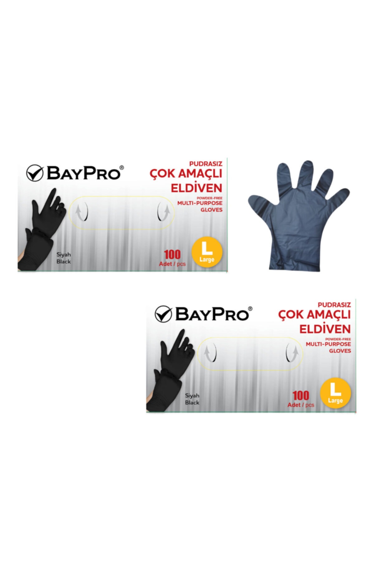 Baypro Pudrasız L 100'lü Siyah Çok Amaçlı Eldiven Lateks Değildir 2'li