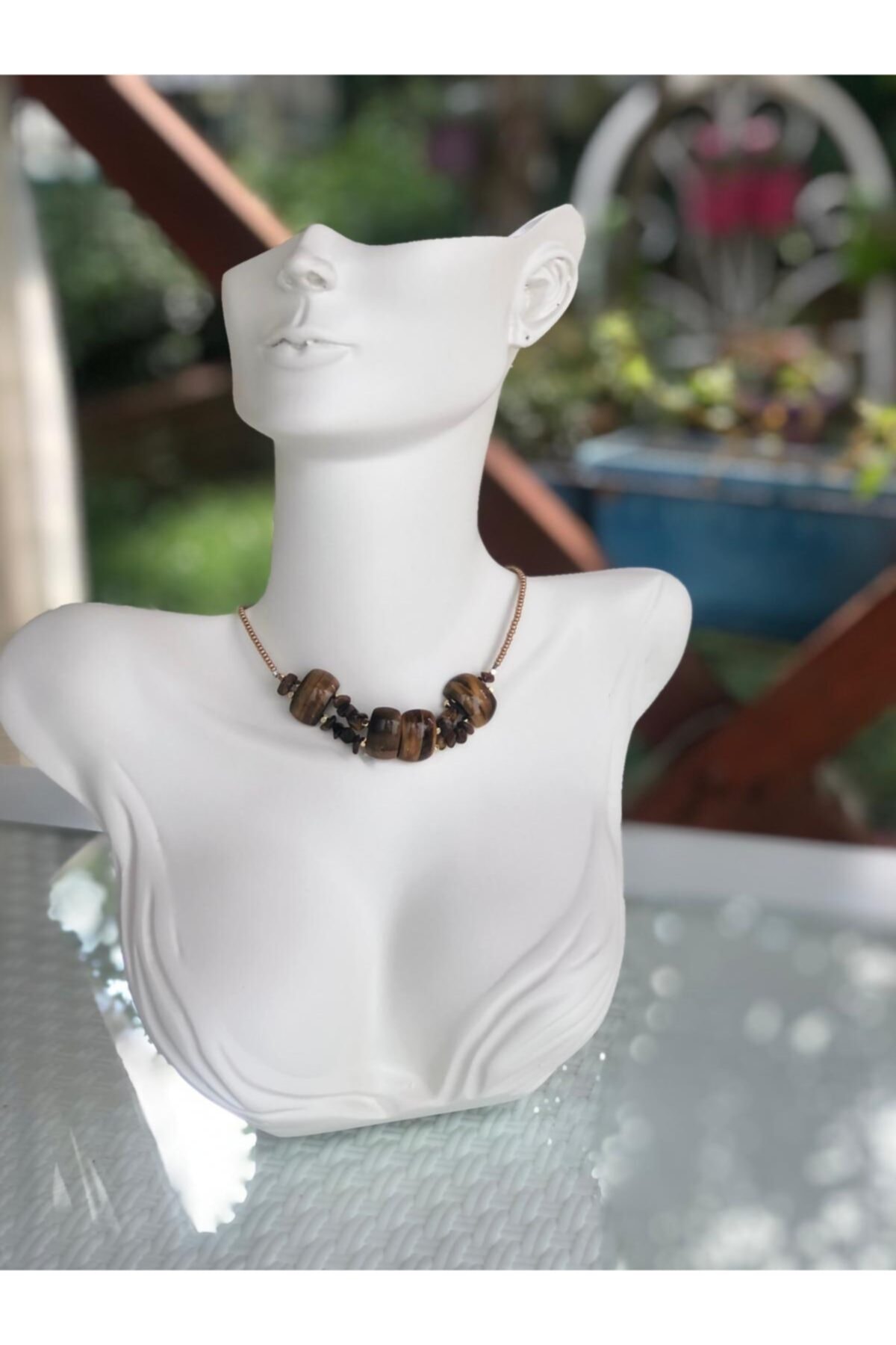 Pera Taki Kaplan Gözü Ve Kum Boncuklarla Dizilmiş Choker Kolye