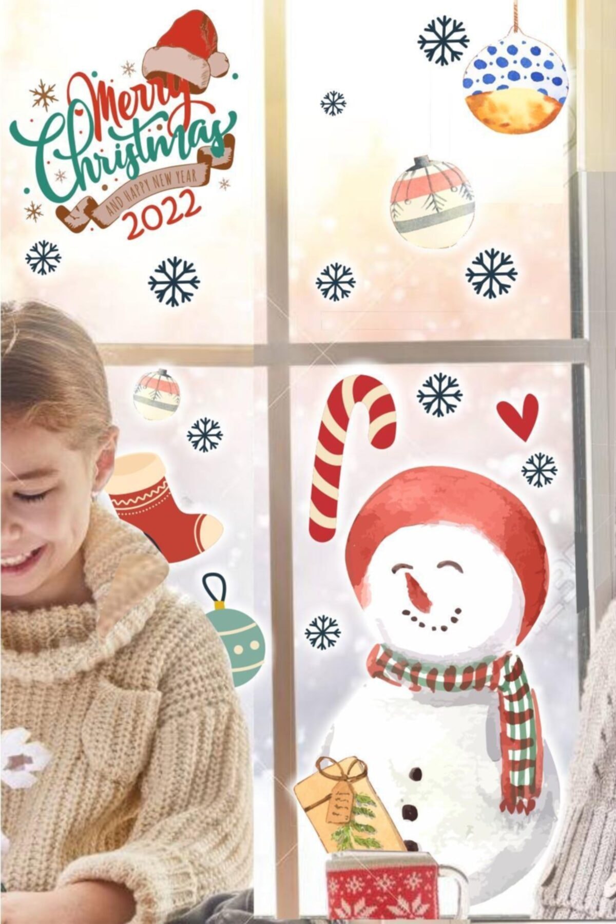 MSticker Yılbaşı Sticker Kardan Adam Ve Merry Christmas 2022 Çocuk Odası Sticker Seti
