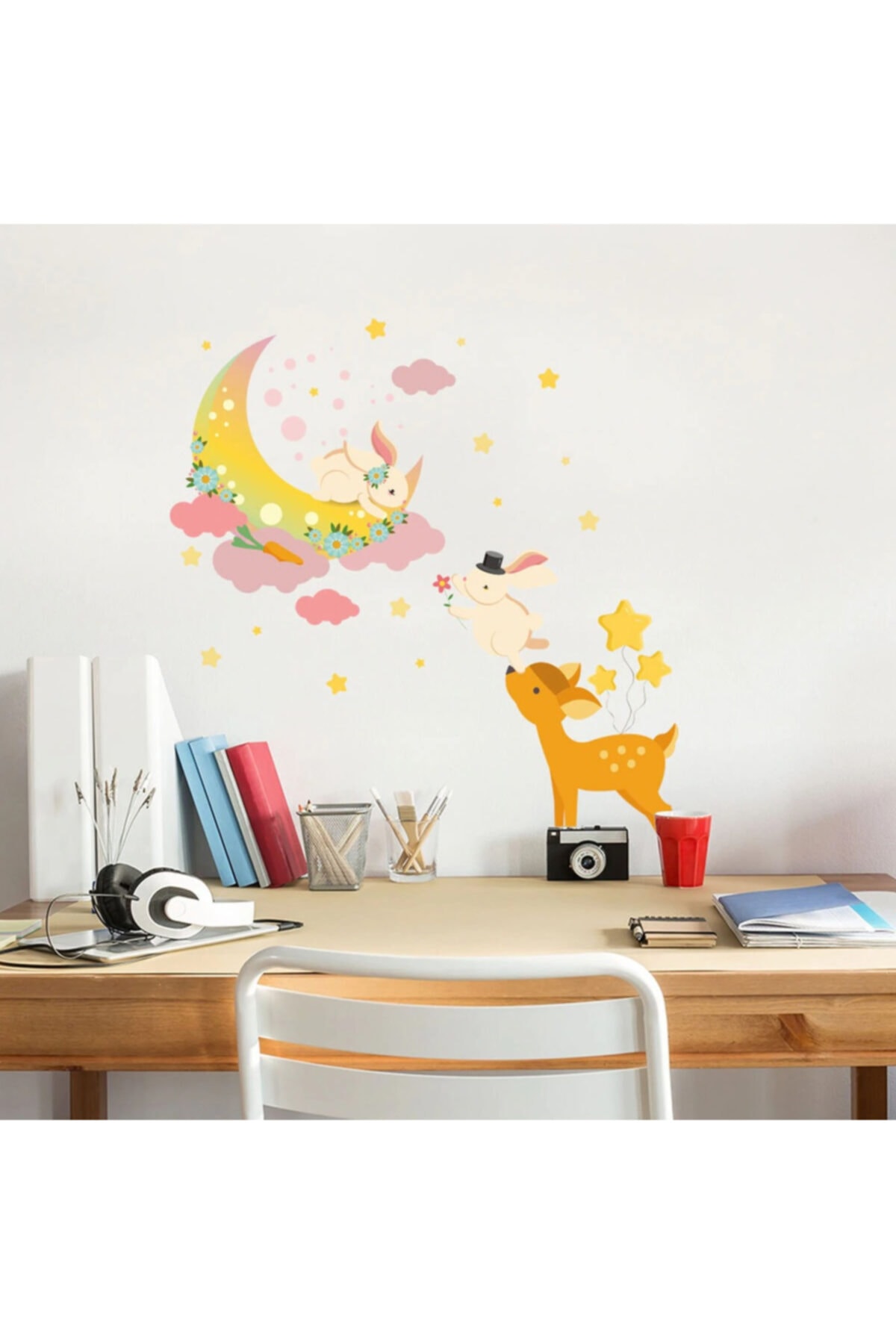 Kt Grup Ay Ve Sevimli Bunny Karikatür Dekoratif Duvar Sticker