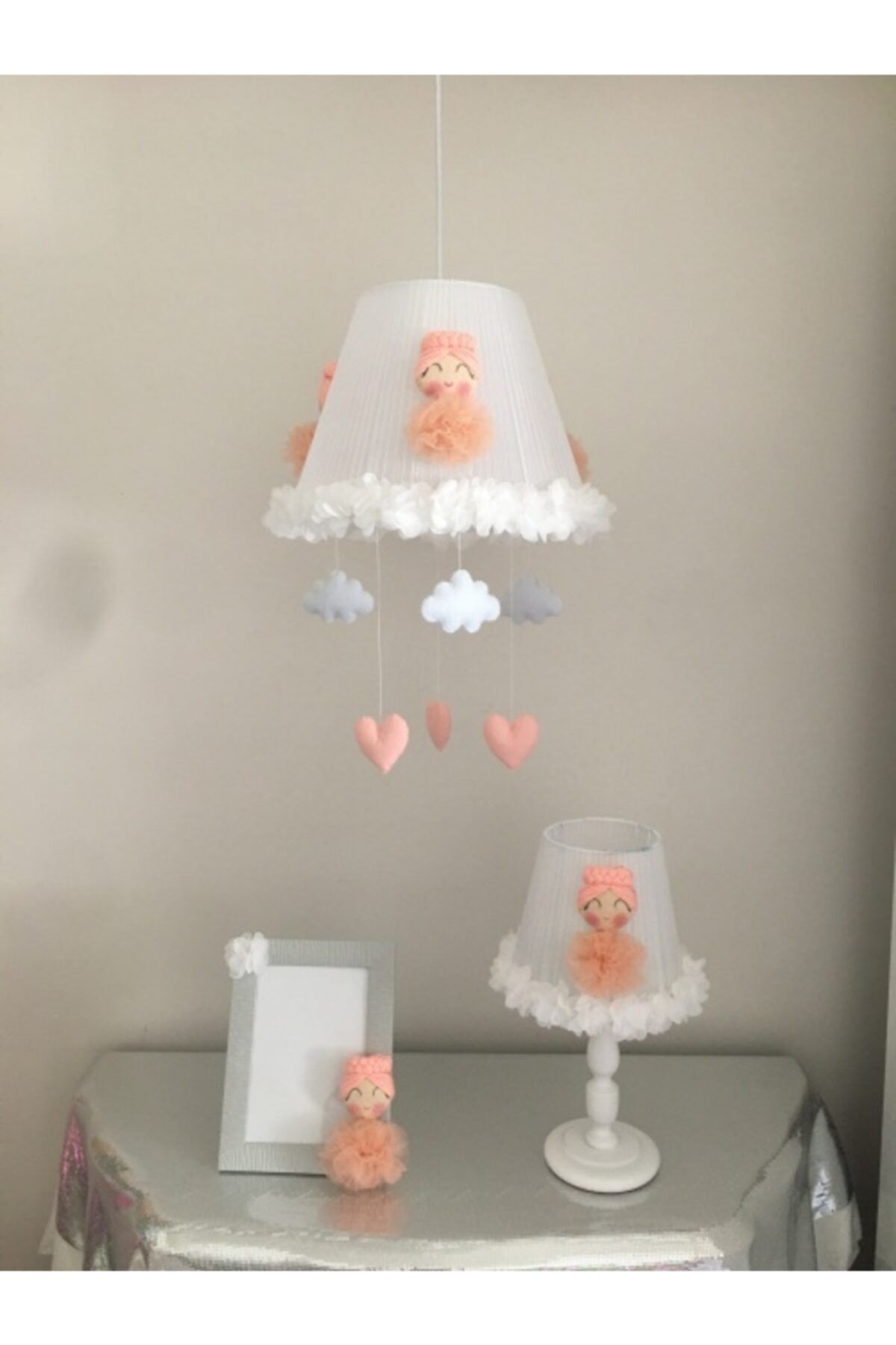 Keçeli parti hayalleri Bebek Çocuk Odası Avize Abajur Çerçeve Set Somon Rengi