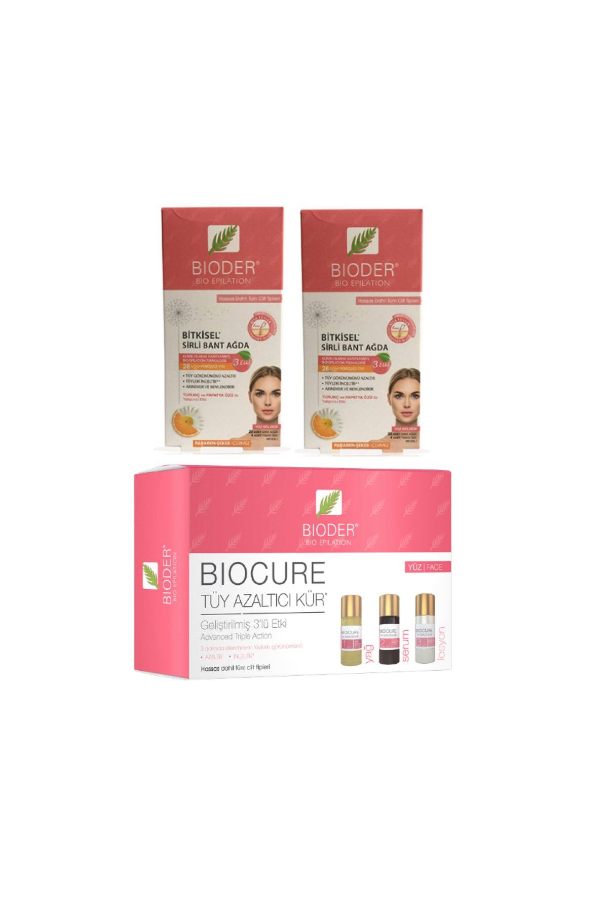 Bioder Tüy Azaltıcı Yüz Seti - Serum 3x5 ml + Tüy Azaltıcı Ağda Bandı 20+20 Adet