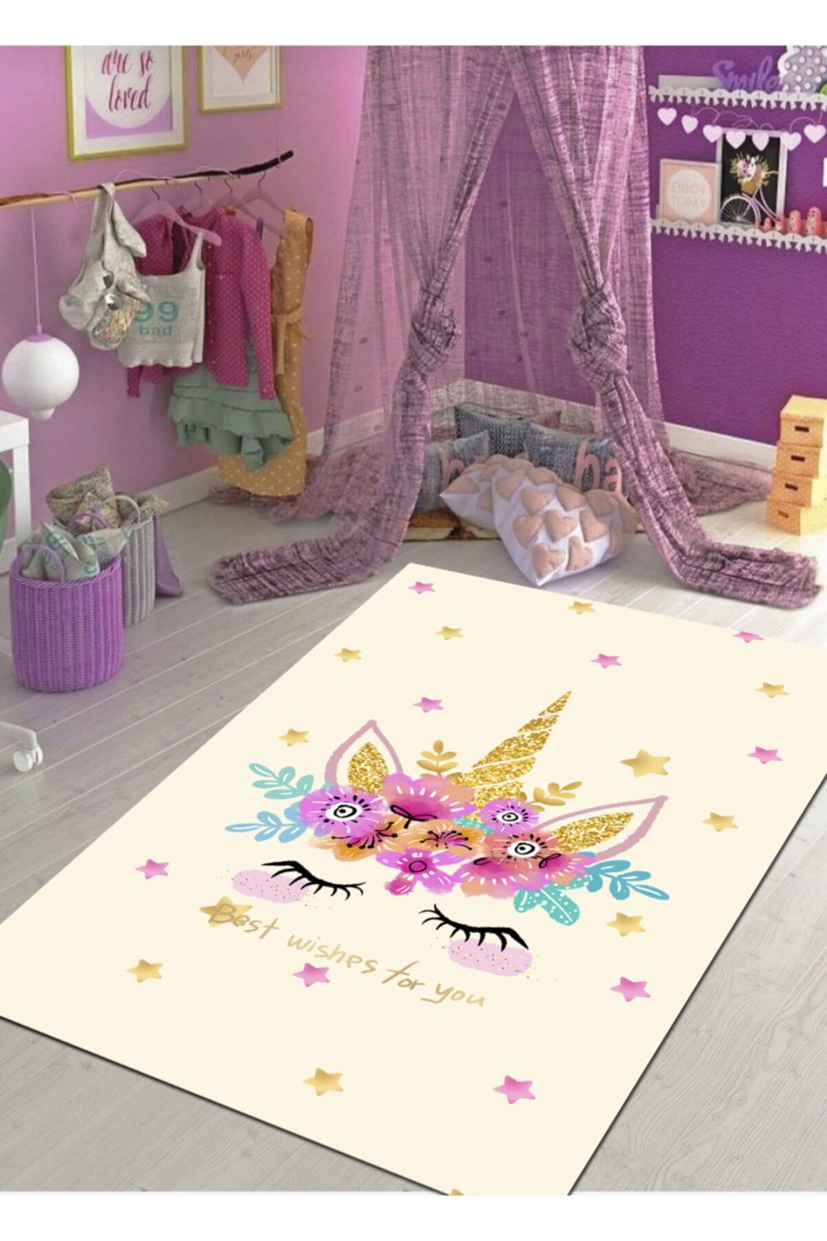 Ardizayn Unicorn Desenli, Kaymaz, Dökülmez, Deri Tabanlı, Antialerjik Halı