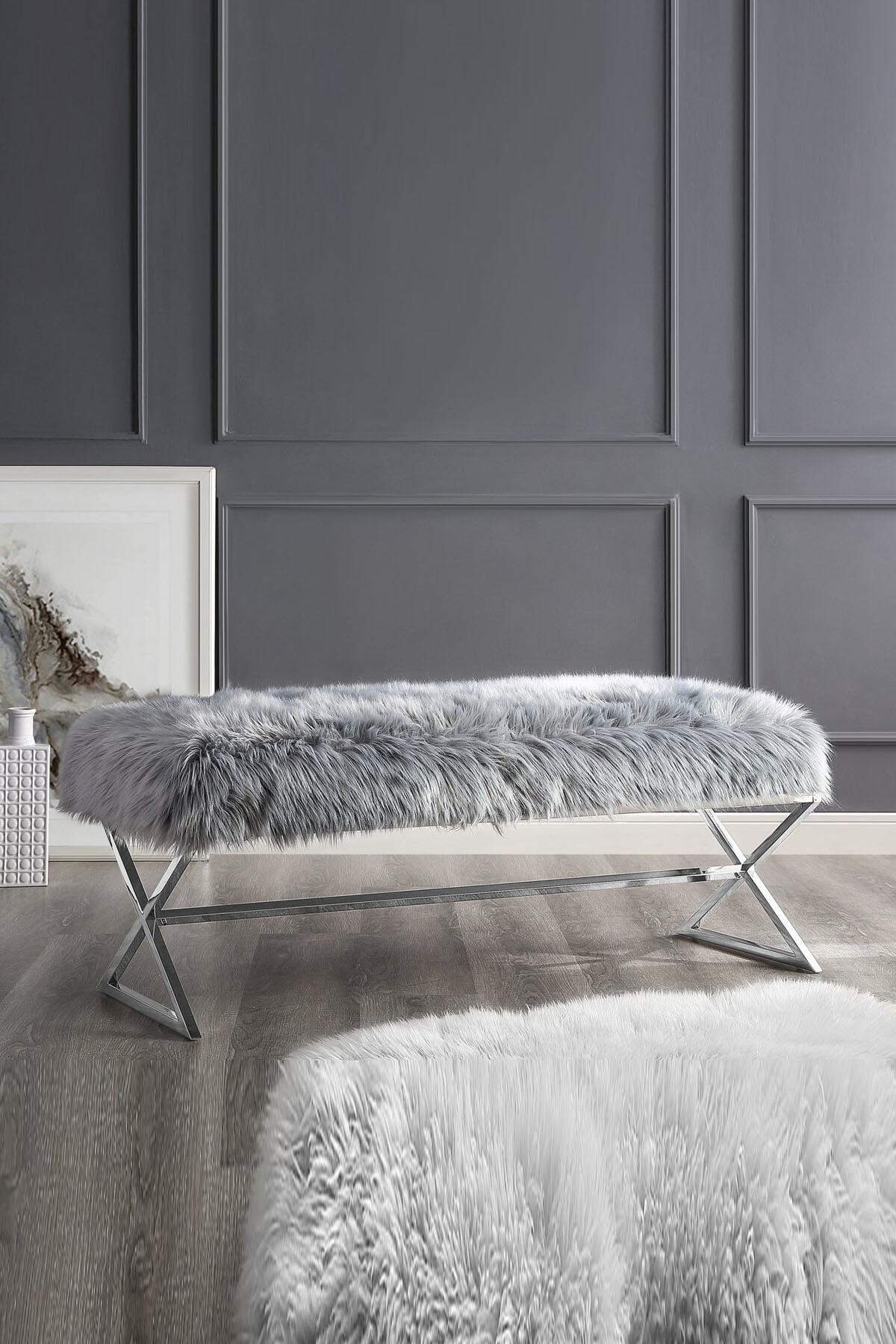 T&H Luxury Bench Antrasit Peluş-krom