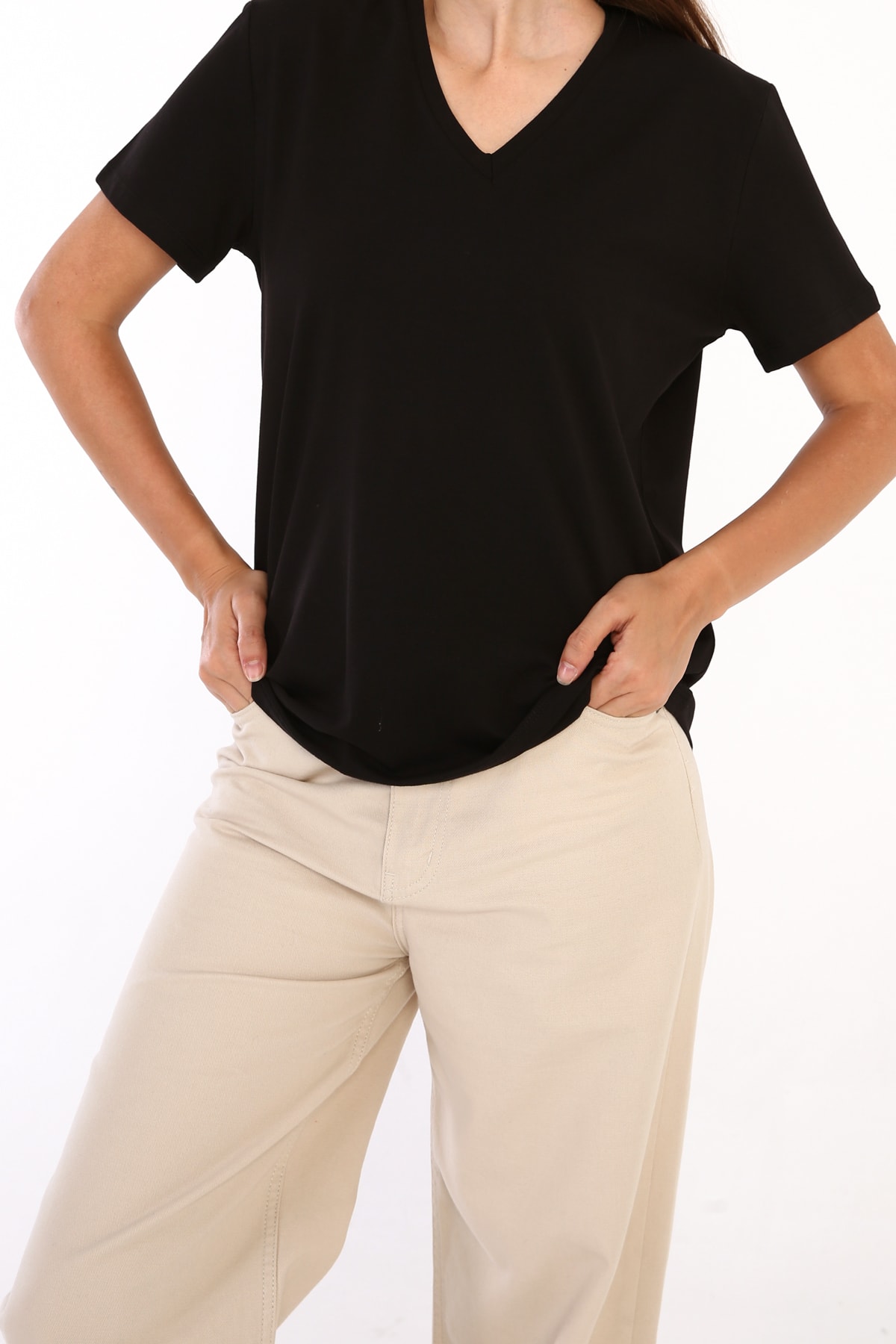 ALLDAY Siyah V Yaka Pamuklu Basic T-shirt