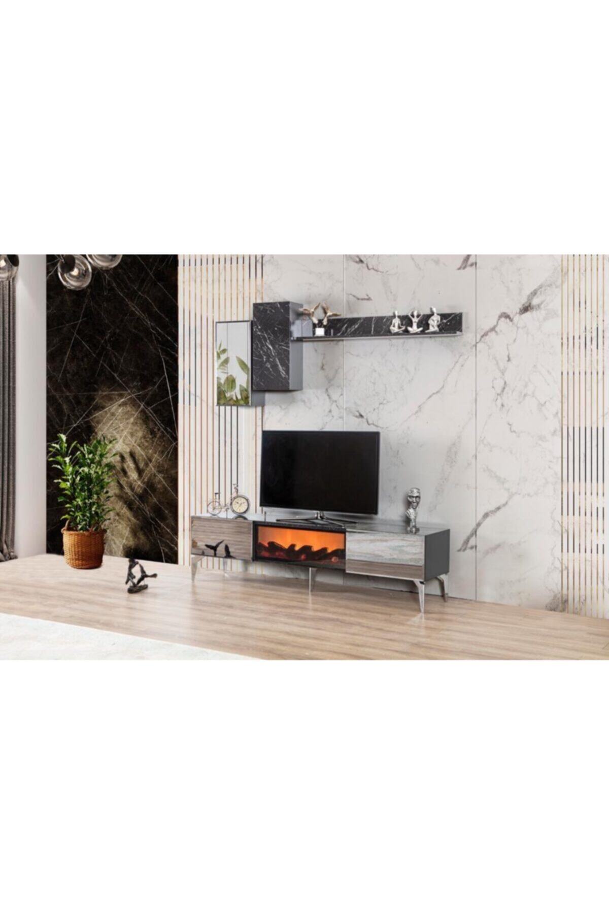 ENSİHOME Şömineli Tv Ünitesi Siyah