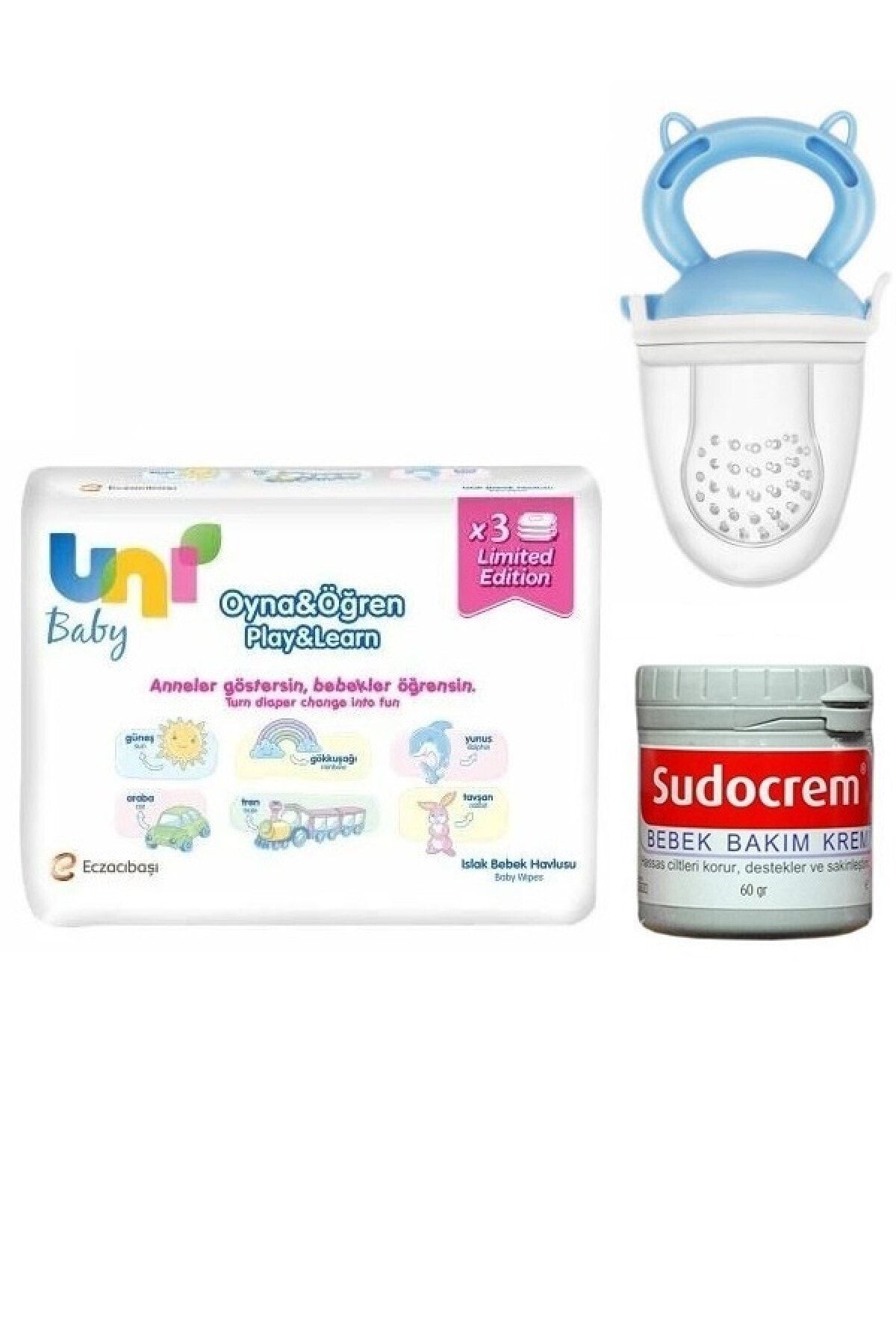 Uni Baby Unı Baby Oyna Öğren Mendil Seti 3 Lü+Sudocrem Bakım Kremi 60 gr +Meyve Süzgeci Mavi