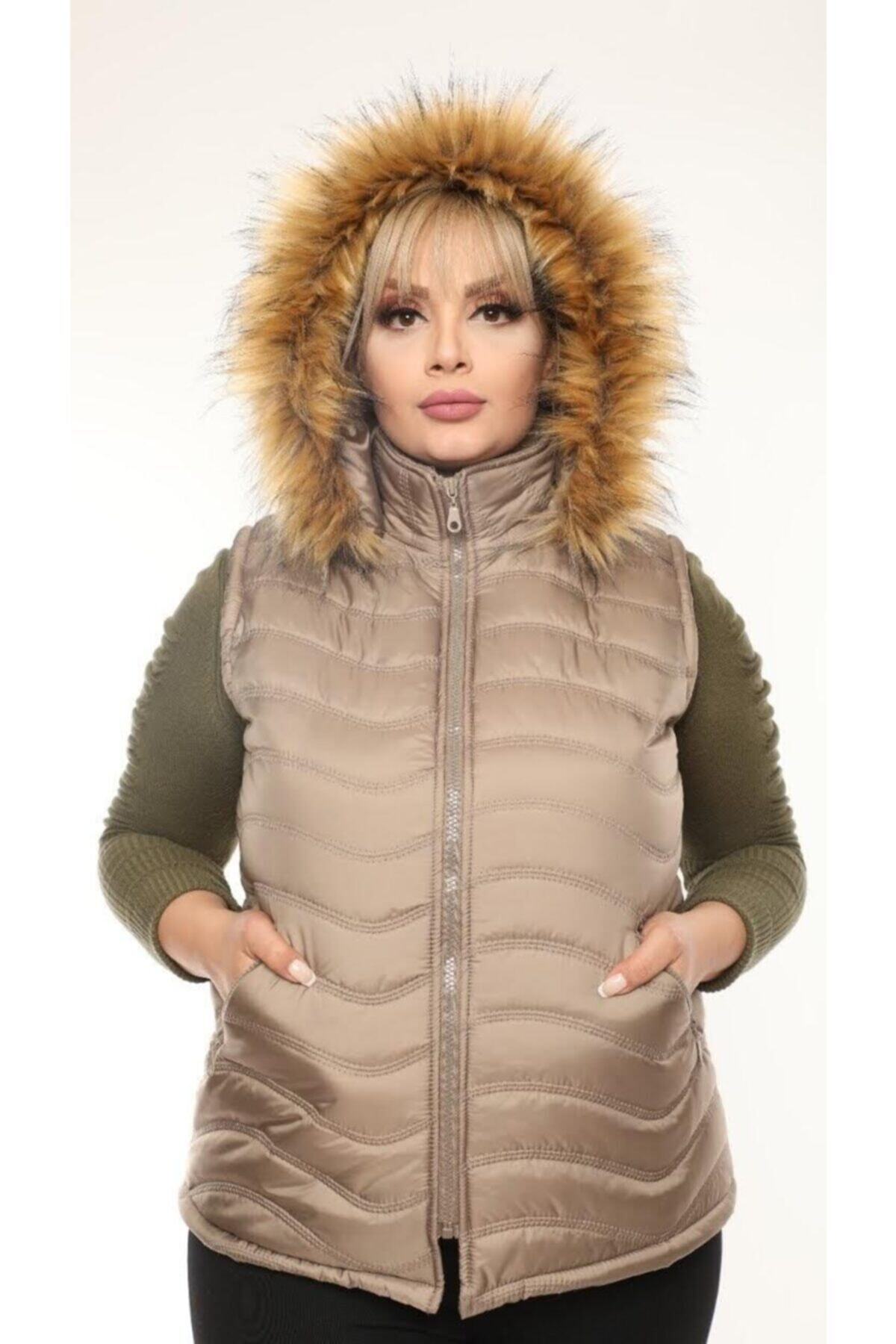 By Alba Collection Kadın Kısa Kapüşonlu Şişme Yelek Vizon