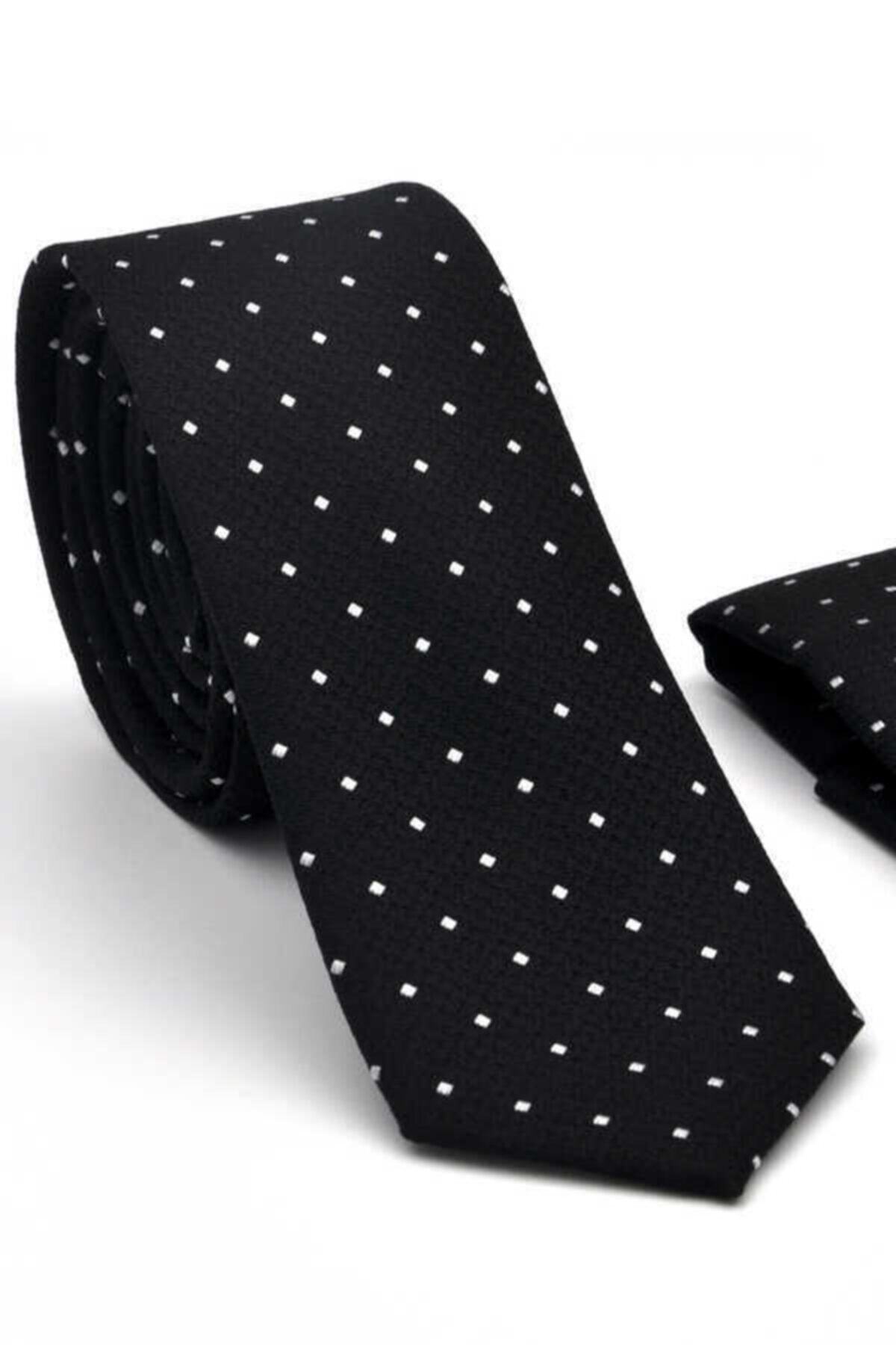 Gaffy Beyaz Nokta Desenli Siyah Dokuma Kumaş Mendilli Slim Fit Kravat Sdk-21814