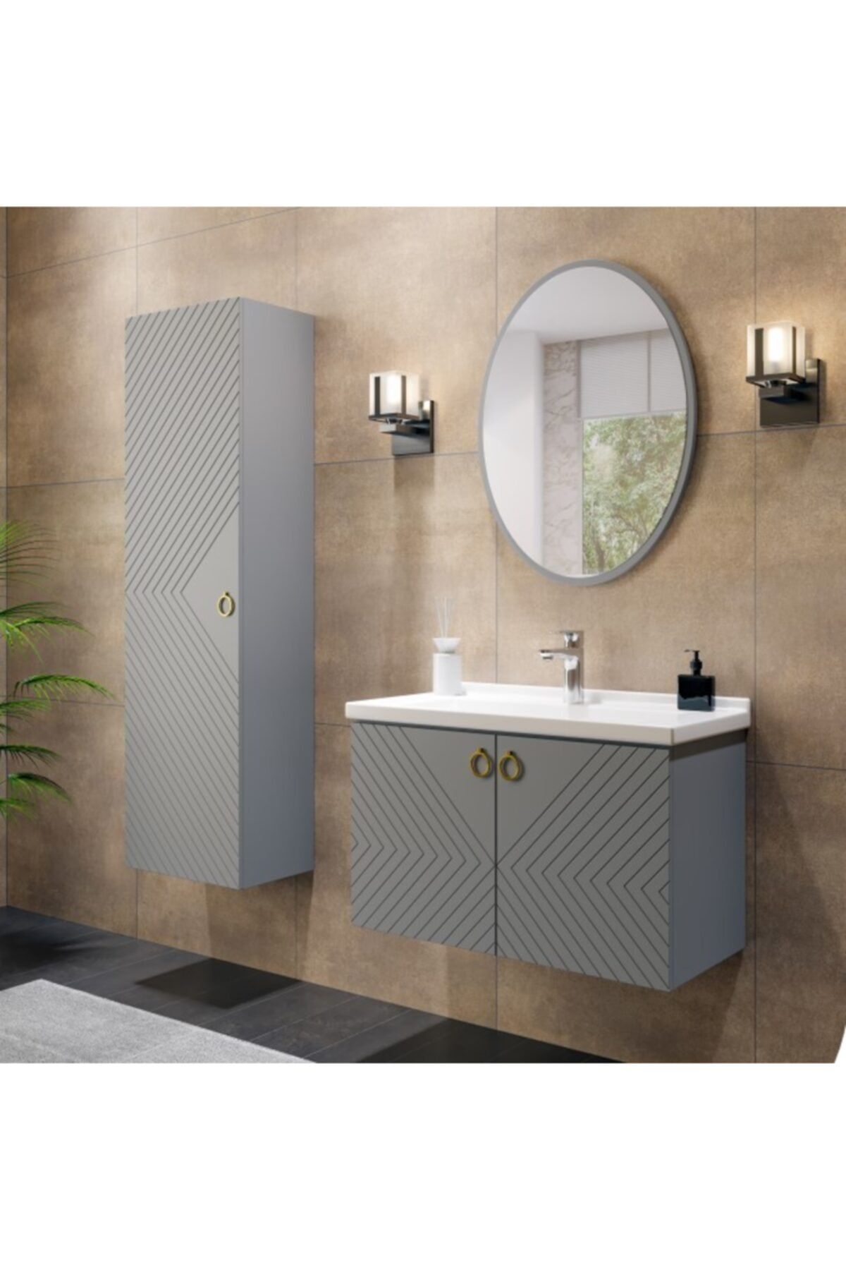 Linra Mobilya Lnr-036 Venüs 65 Cm Lavabolu Takım Gri Banyo Dolabı
