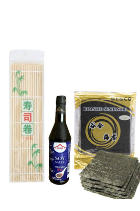 sushi set ( akaji soya sos 750 ml, doco yosun 140 gr, bambu sarma matı) Image 0