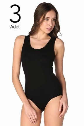 Kadın Siyah 3'lü Paket Geniş Askılı Likralı Kancalı Çıtçıtlı Body Zıbın Image 0