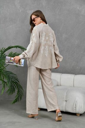 Kadın Arkası Ve Kolları Nakışlı Inci Detaylı Keten Kimono Ceket Ve Pantolon Alt Üst Takım Image 0