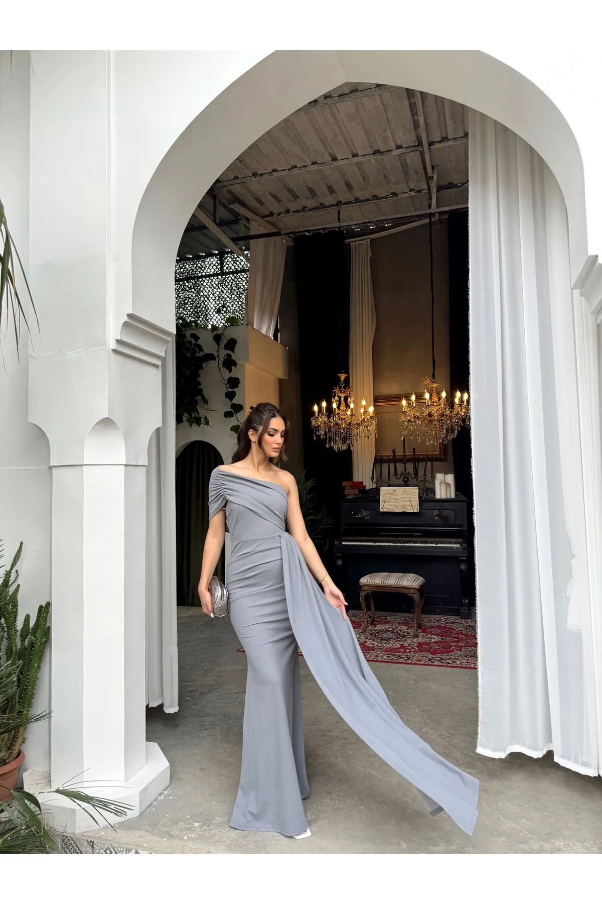 لباس شب یک شانه 582108 خاکستری