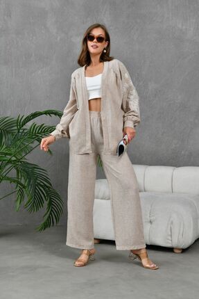 Kadın Arkası Ve Kolları Nakışlı Inci Detaylı Keten Kimono Ceket Ve Pantolon Alt Üst Takım Image 2