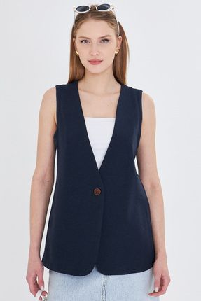 Kadın Lacivert V Yaka Tek Düğme Oversize Yelek ARM-25Y001036 Image 0
