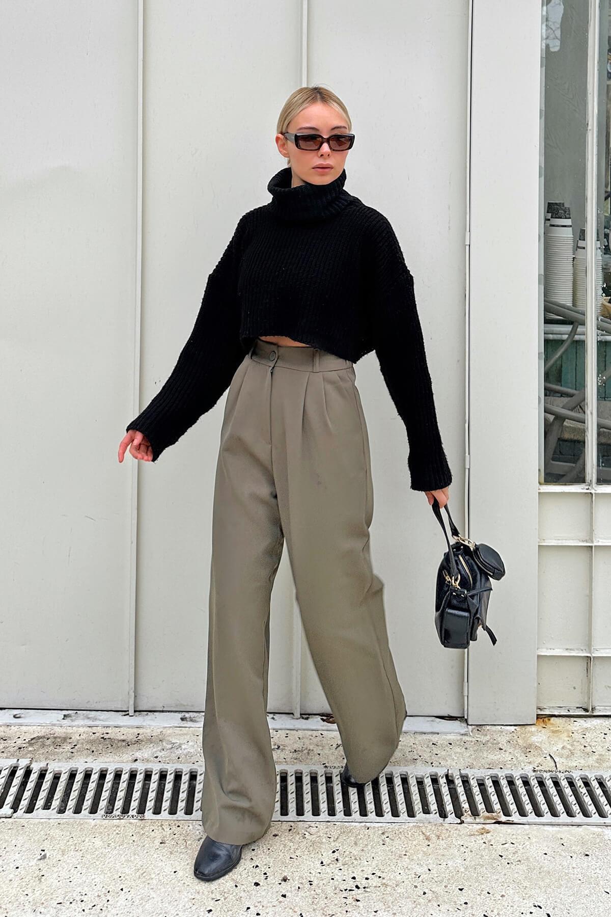 شلوار زنانه جیبی کمری الاستیک خاکی هرا Palazzo