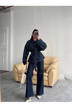 Koyu Lacivert Bağlamalı Denim Takım Oversize Ceket ve Yüksek Bel Pantolon Image 1