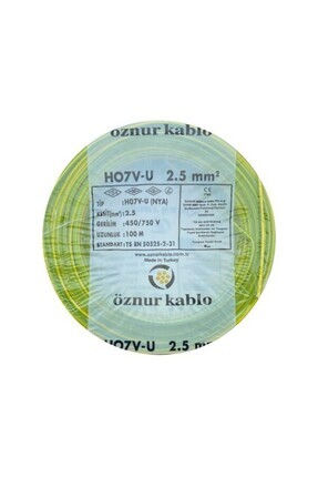 Öznur 2.5 mm Nya %100 Bakır Tek Damar Kablo Sarı-Yeşil Renk 1 Top 100 Metre Image 0