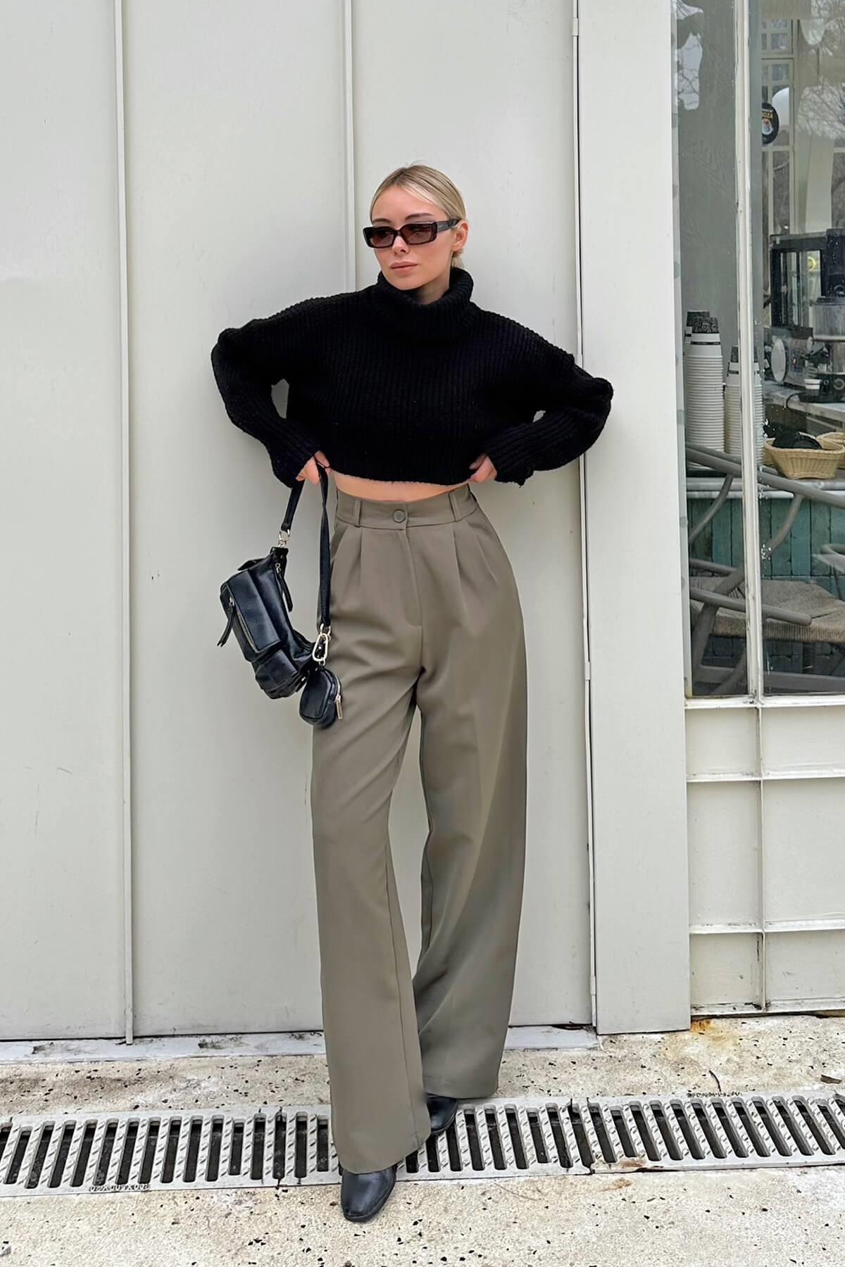 شلوار زنانه جیبی کمری الاستیک خاکی هرا Palazzo