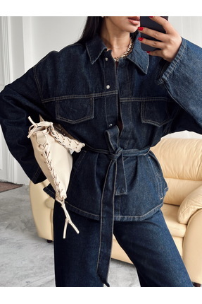 Koyu Lacivert Bağlamalı Denim Takım Oversize Ceket ve Yüksek Bel Pantolon Image 3