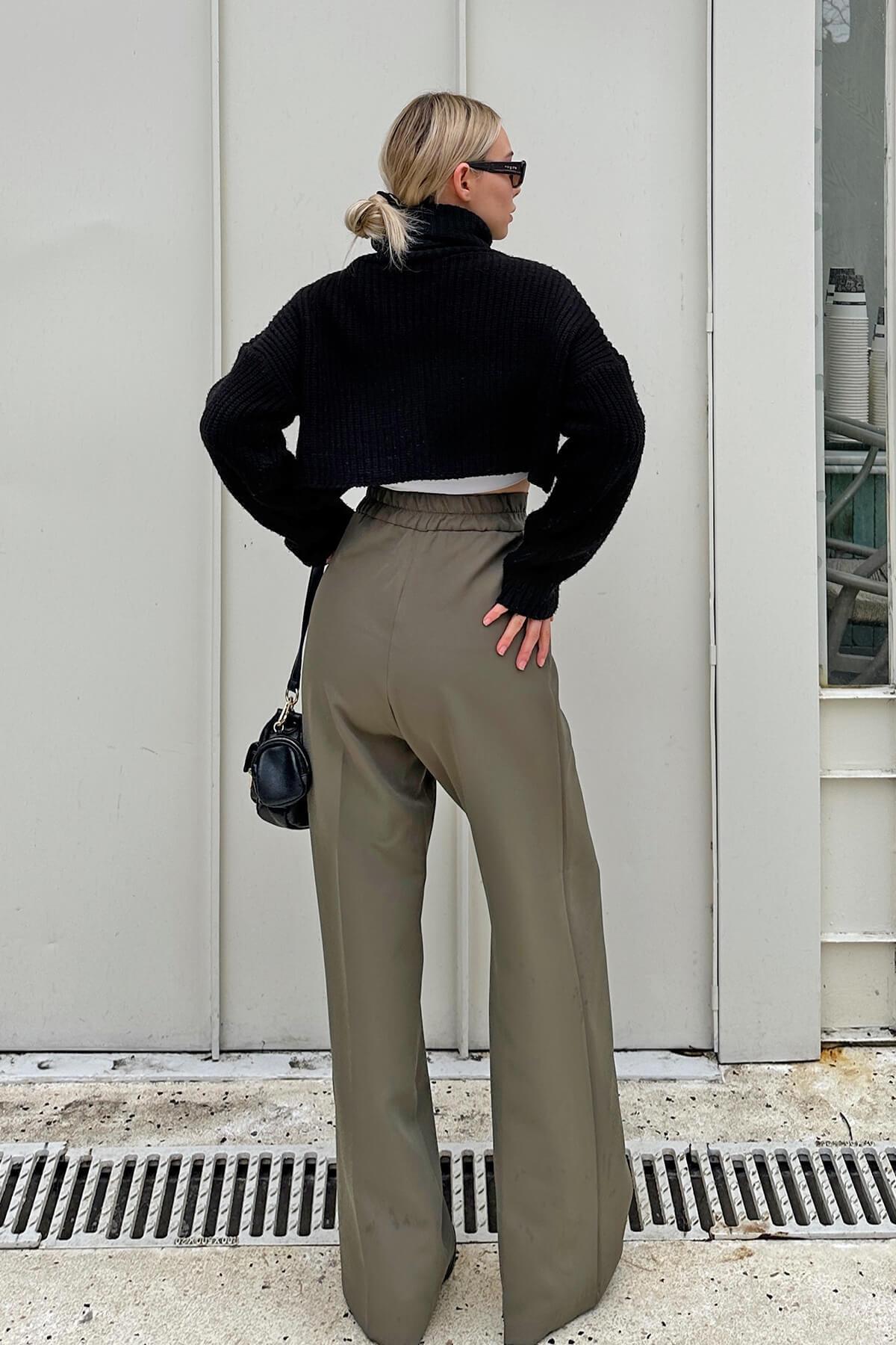 شلوار زنانه جیبی کمری الاستیک خاکی هرا Palazzo