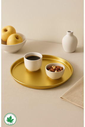 Lüx Metal Gold Renk 25cm Yuvarlak Çay Sunum Tabağı, Kahve Dekoratif Sunumluk, Servis Tepsisi Image 0