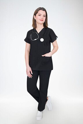 Unisex Siyah Likralı Doktor Hastane Hemşire Forması Takımı Scrubs Greys Image 0
