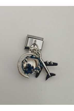 Dünya Ve Uçak Motifli Sallantılı İtalyan Bileklik Uyumlu Charm Image 3