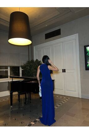 Kadın Mavi Dik Yaka Simli Taş Ve Yırtmaç Detay Abiye Elbise Image 3