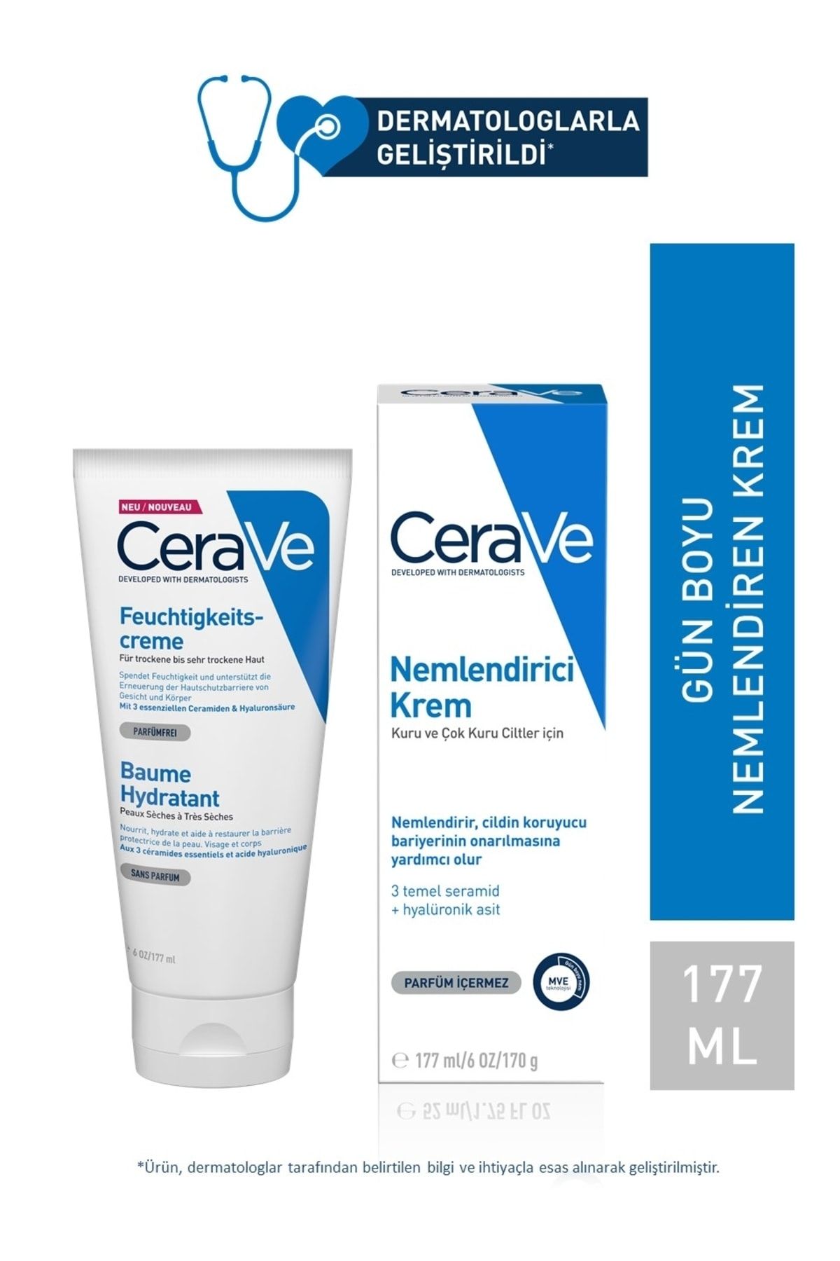 CeraVe Nemlendirici Krem Kuru Ciltler Seramid ve Hyalüronik Asit İçerikli Yüz Vücut 177ml 3337875598996