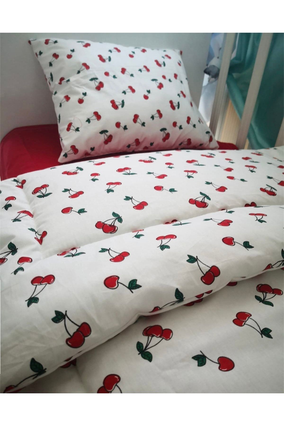 Bebek Özel %100 Pamuk Çocuk 80x160 Beşik Yastık Çarşaf Yorgan Seti Kiraz Desenli