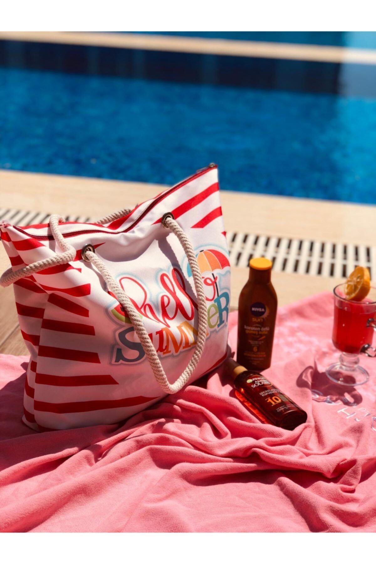 Exent Renkli Kadın Plaj Çantası - Fermuarlı - Bez Omuz Çantası - Hello Summer - The Beach Bag