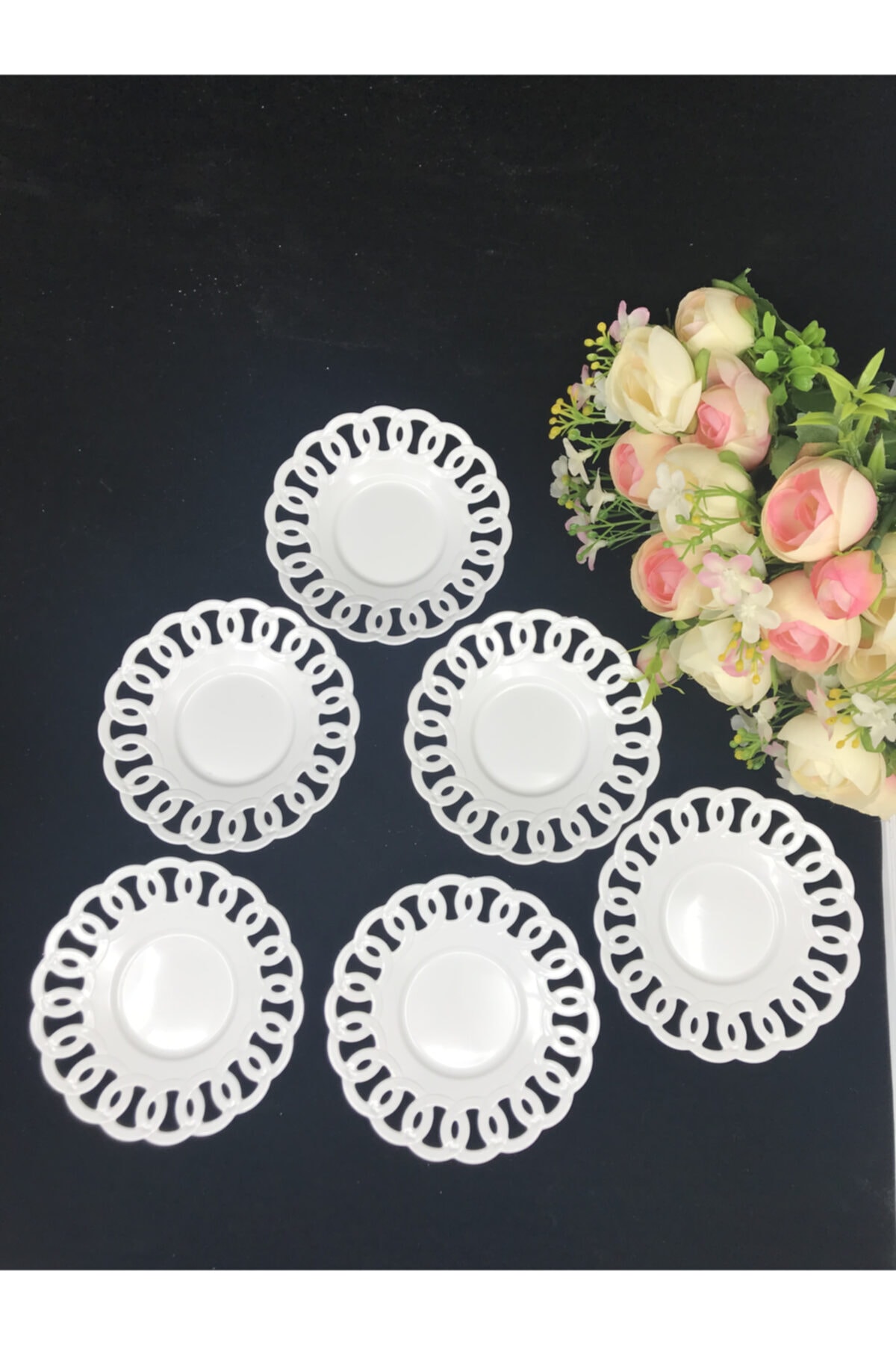SHEKER HOME Timex 6'lı Plastik Porselen Görünümlü Hanımeli Kristal Çay Tabağı Seti