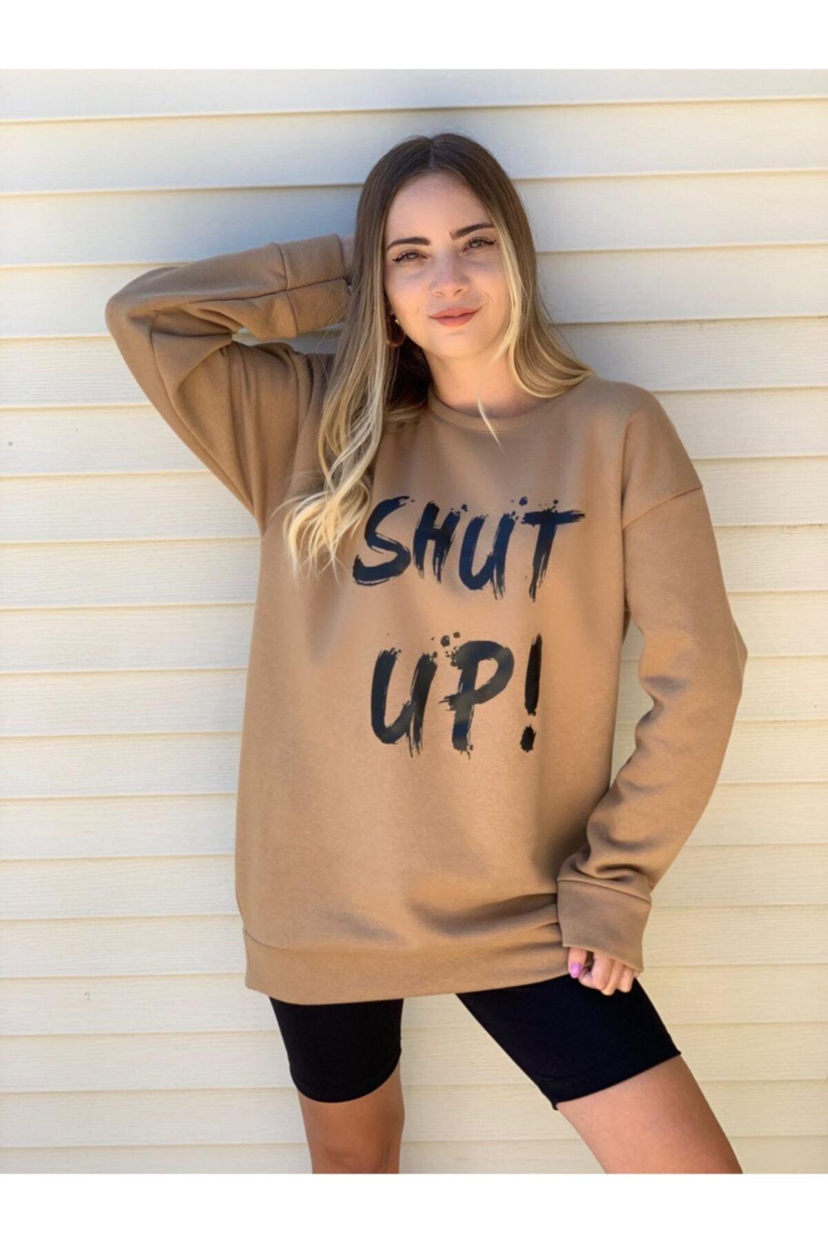 K&H TWENTYONE Kadın Açık Kahve Oversize Shut Up Baskılı Sweatshirt