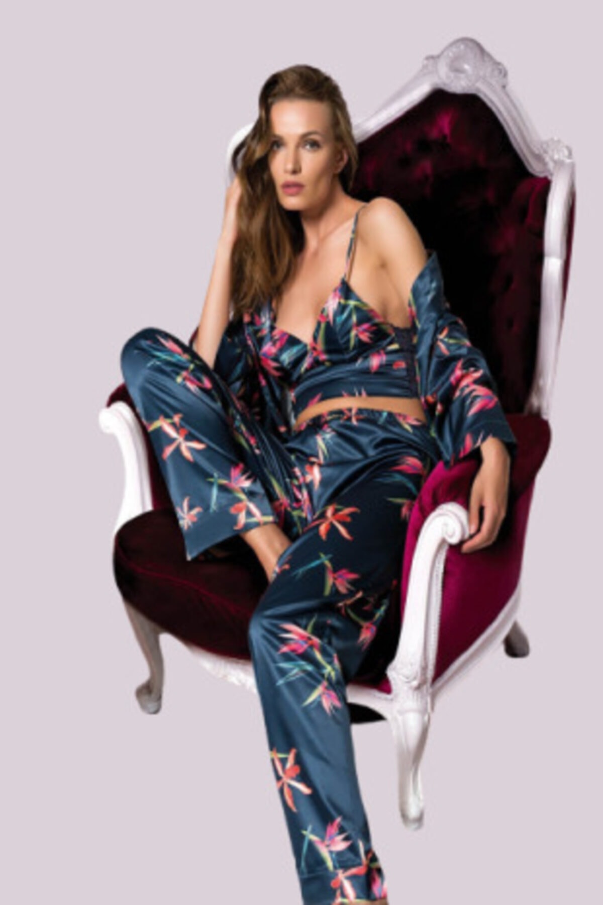 MOONGIRL Saten 3 Lü Pijama Sabahlık Takım