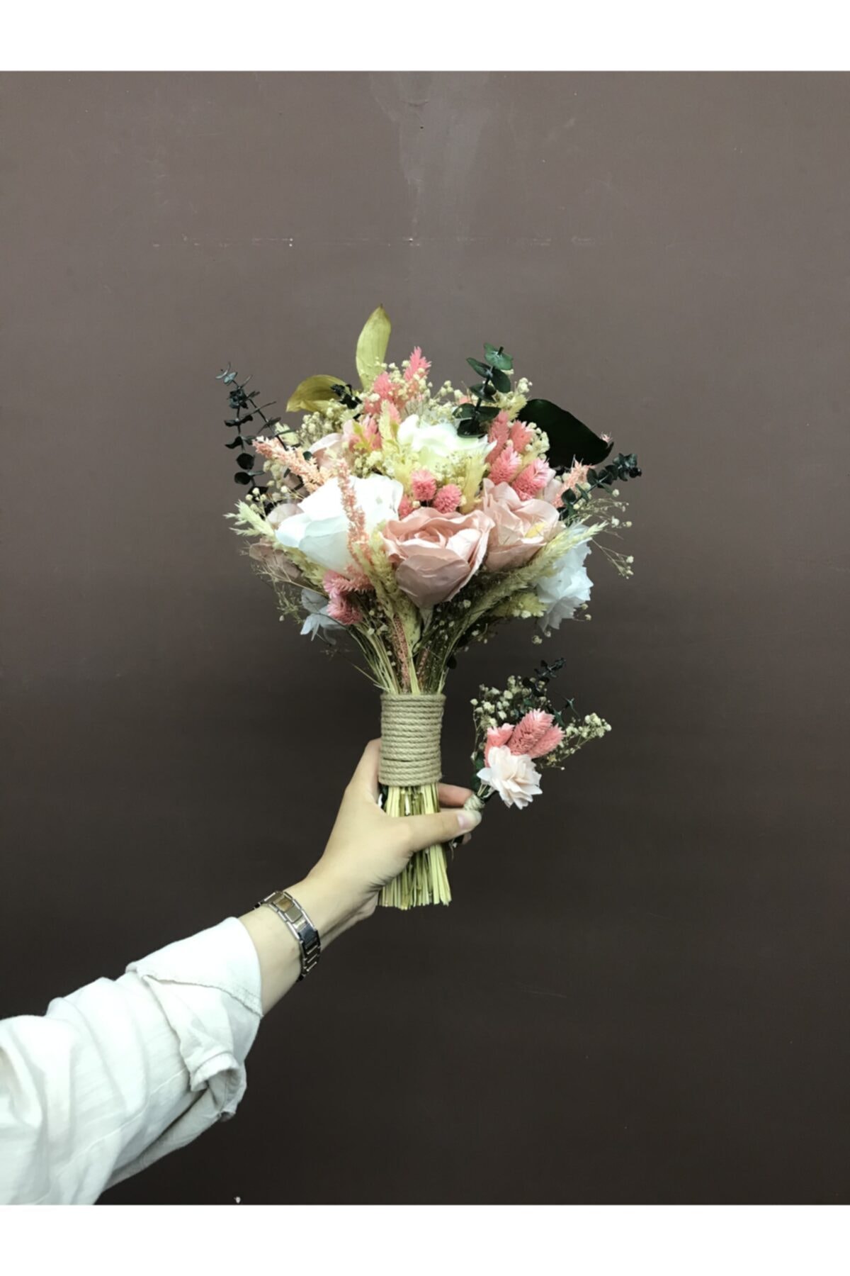 Womentic Bridal Cipsolu Açık Pembe Gelin Buketi Ve Damat Yaka Çiçeği - Gelin Çiçeği