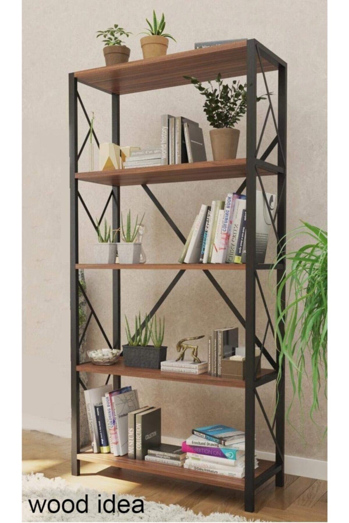 wood idea Wood İdea Metal 5 Raflı Kitaplık Dosya Kitap Rafı Ofis Rafı Ceviz