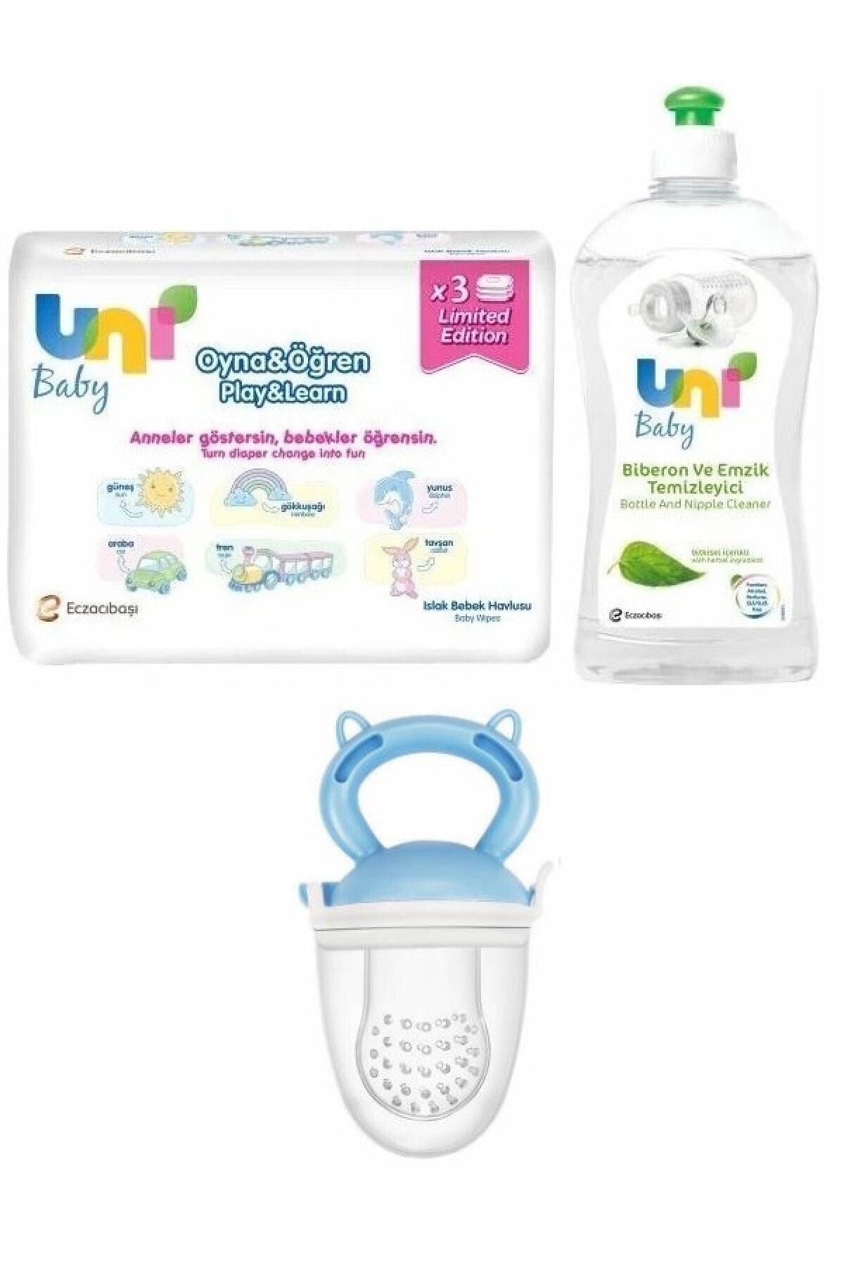 Uni Baby Unı Baby Oyna Öğren Mendil Seti 3 Lü+unı Baby Biberon Emzik Temizleyici 500 Ml+meyve Süzgeci Mavi