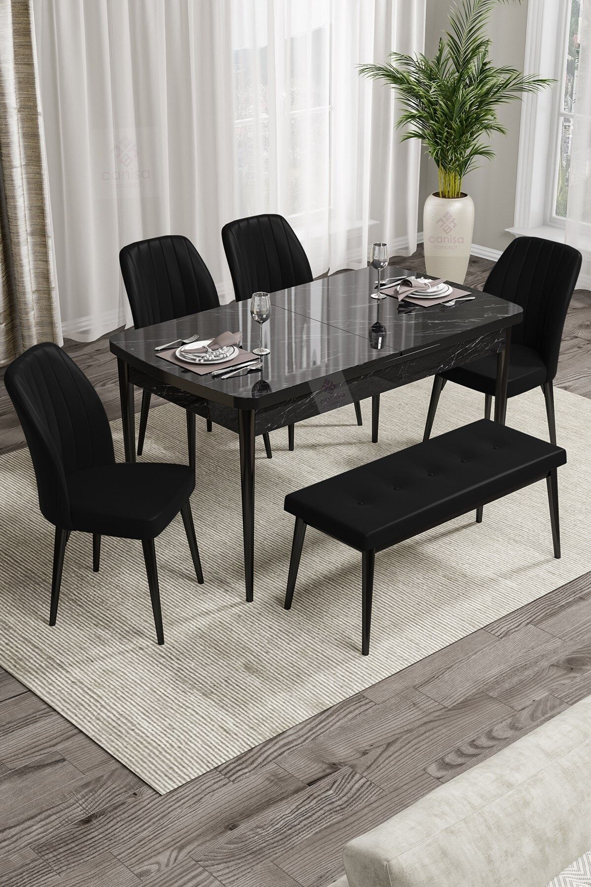 Canisa Concept Rio Serisi Bench'li Siyah Mermer Desenli Mdf Mutfak Masası+4 Siyah Sandalye