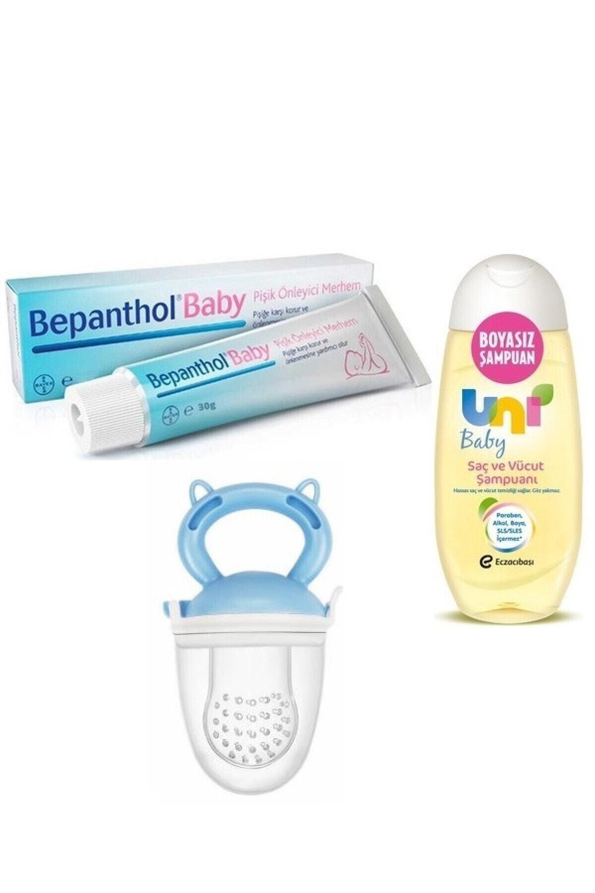 Uni Baby Saç Ve Vücut Şampuanı 200 ml +Bepanthol Parabensiz Pişik Kremi 30 gr +Meyve Süzgeci Mavi