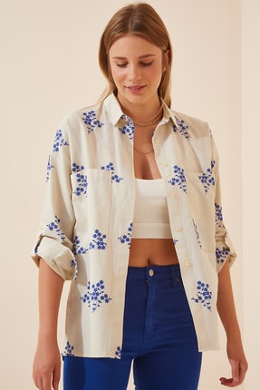Happiness İst. Kadın Krem &Ccedil;i&ccedil;ekli Oversize Yazlık Keten G&ouml;mlek US00656