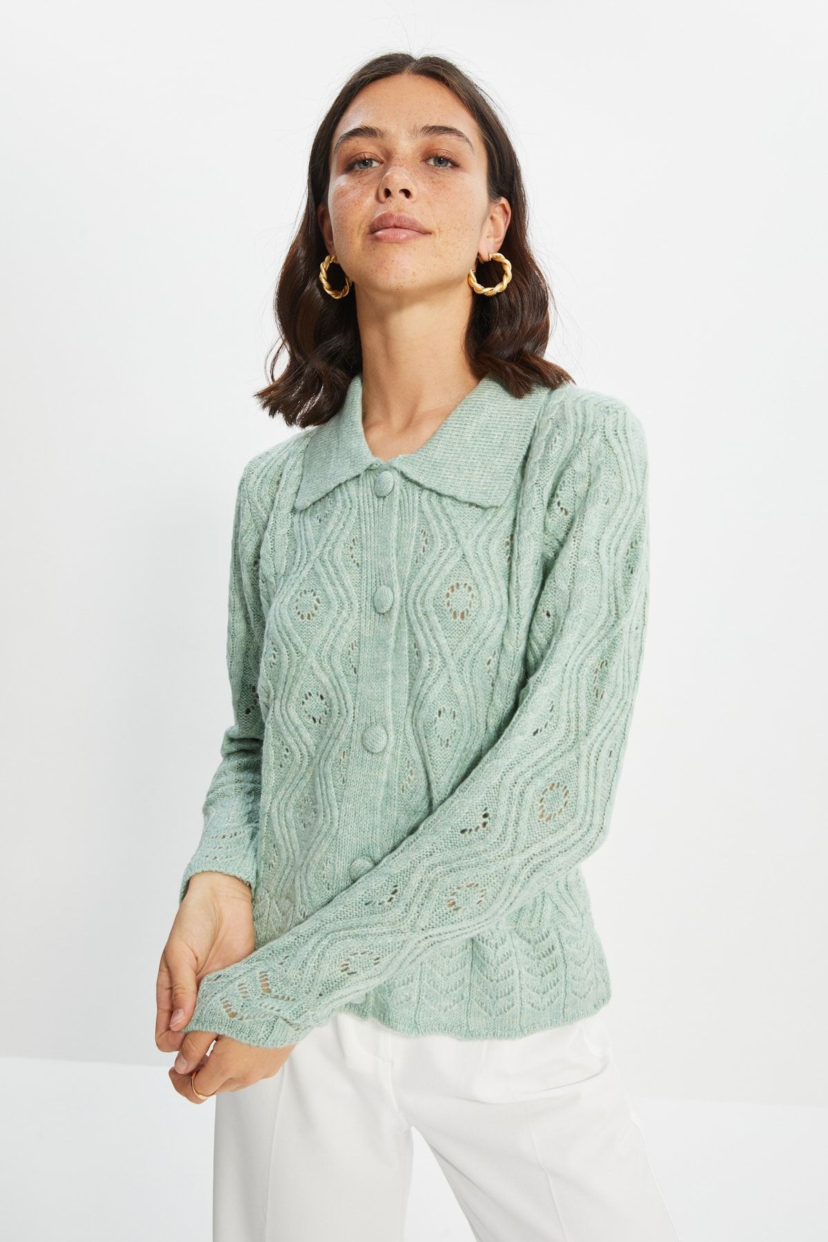TRENDYOLMİLLA Mint Yaka Detaylı Triko Hırka TWOAW22HI0168