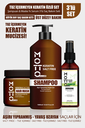 Yavaş Uzayan-Aşırı Yıpranmış Saçlar İçin Tuzsuz Keratinli 3'lü Saç Bakım Seti (Şampuan-Maske-Serum) Image 0