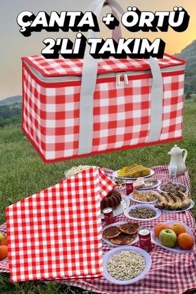 Piknik Örtülü Takım Termal Termos Çanta Seti Piknik Örtüsü Dahil 25 Litre Ekoseli Image 0