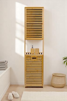 Bambu Kirli Sepetli 1 Raflı Kapaklı Banyo Dolabı Banyo Düzenleyici Çamaşır Sepeti Organizer DB-0010 Image 0