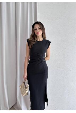 Kadın Siyah Vatkalı Midi Boy Yırtmaç Detay Kalem Abiye Mezuniyet Elbisesi Image 1