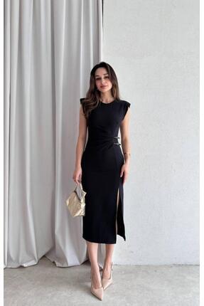 Kadın Siyah Vatkalı Midi Boy Yırtmaç Detay Kalem Abiye Mezuniyet Elbisesi Image 0