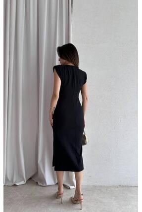 Kadın Siyah Vatkalı Midi Boy Yırtmaç Detay Kalem Abiye Mezuniyet Elbisesi Image 2