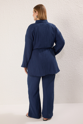 Büyük Beden Lacivert Lastik Kemerli Dokuma Alt-Üst Takım TCTSS25US00046 Image 3